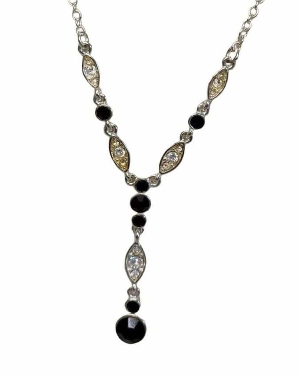 Silver-Tone Black and Clear Crystal Y-Necklace